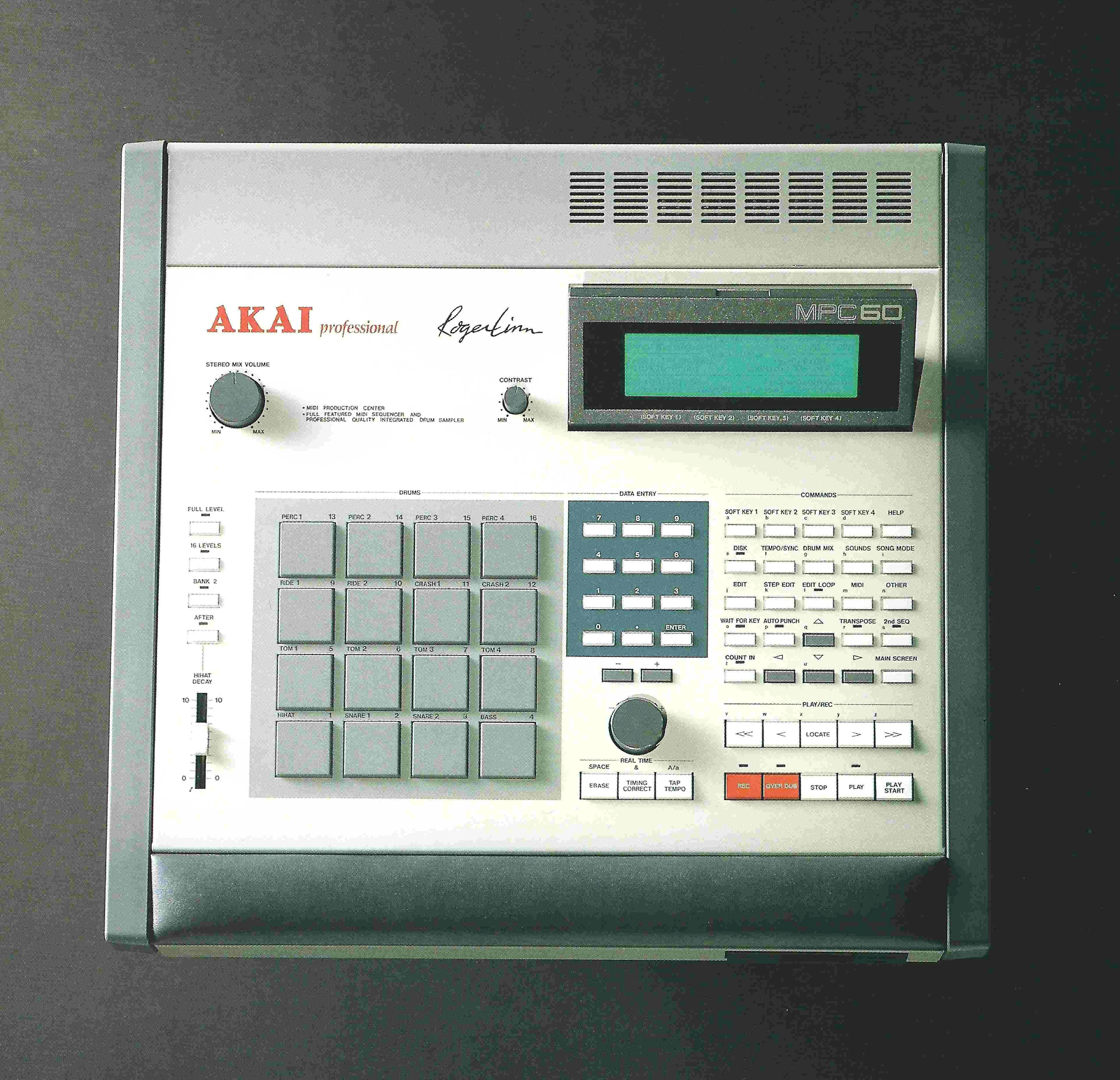 An Akai MPC60 with sixteen square drum pads, an LCD screen, and its control panel.